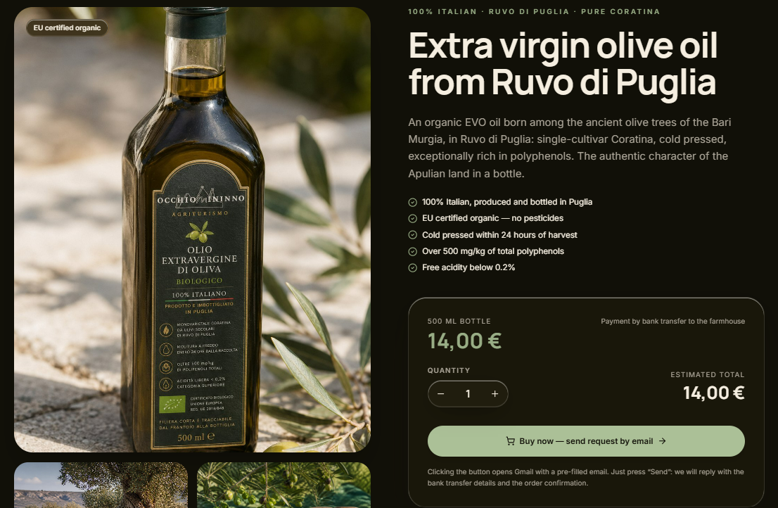 Product catalog of the website built for a Puglian agritourism business — organic extra virgin olive oil